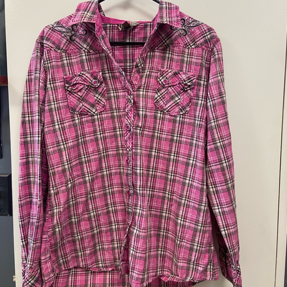 Women’s Pink Plaid Button-Down Shirt with Embroidered Yoke